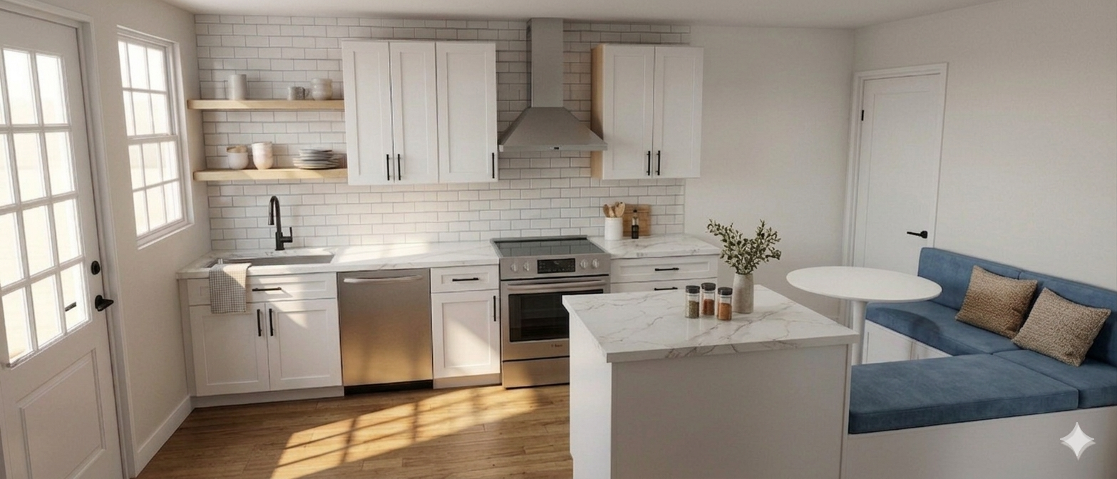 Renovated kitchen with white Shaker cabinetry and Calacatta quartz – apartment for rent Dilworth Charlotte NC