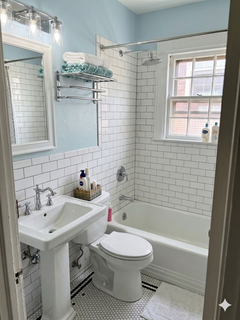 Renovated bathroom with subway tile and Moen chrome fixtures – 1412 Kenilworth Ave Dilworth Charlotte